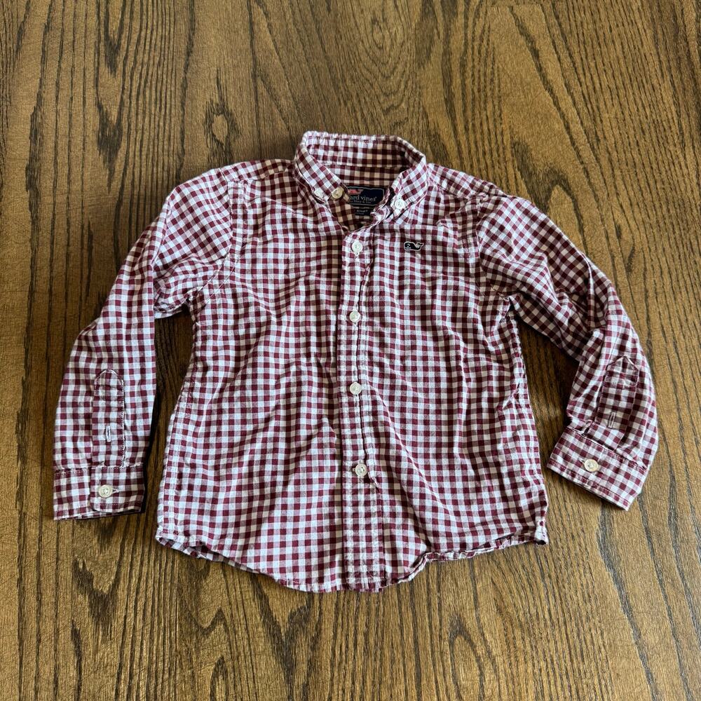 Vineyard Vines Boys Red White Checkered Long Sleeve Button Up Shirt Size 3T